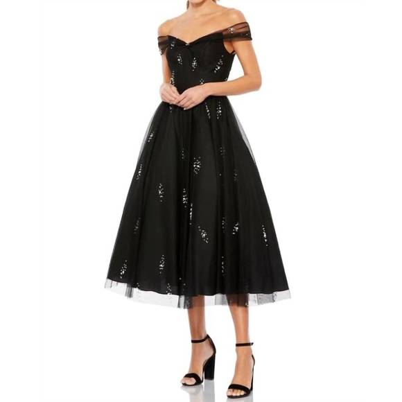 NEW MAC DUGGAL pearl embellished off-the-shoulder cap sleeve midi dress in black - Picture 1 of 3